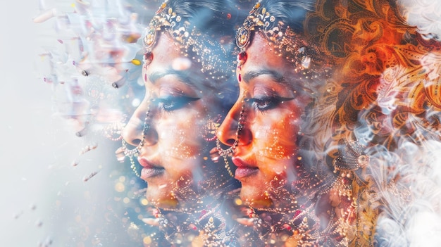 Double exposure image symbolizing the Durga Puja festivalwhich celebrates the victory of the divine mother Durga over evil forces and the empowerment of womanhood