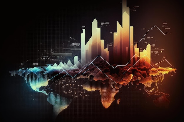 Double exposure investment graph on dark background global economy forecast and analysis