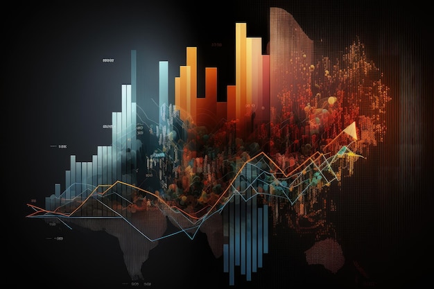 Double exposure investment graph on dark background global economy forecast and analysis