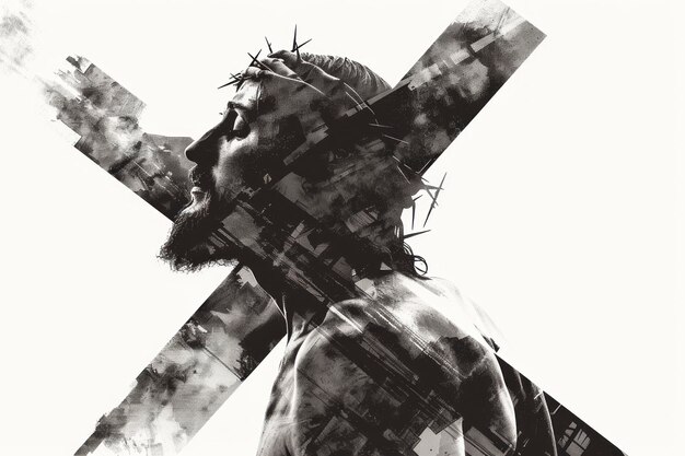 Photo double exposure of jesus christ and the cross on white background digital artwork generative ai