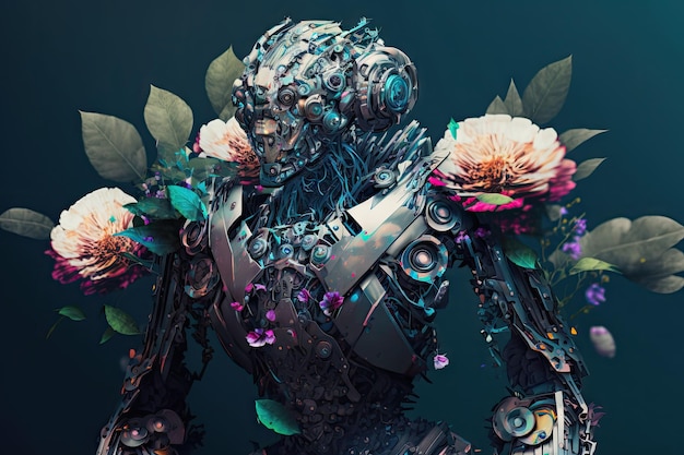 Double exposure kaleidoscopic glam metal robot florists