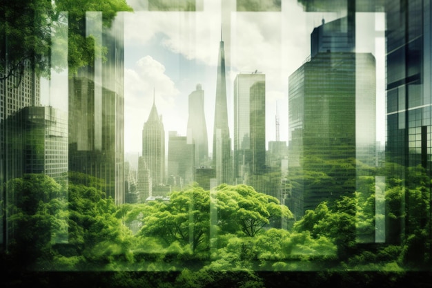 Double exposure of lush green forest and modern skyscrapers windows of building Green city concept