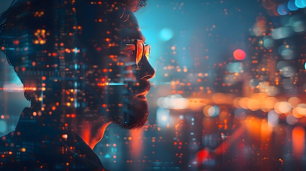 Double Exposure of Man and City Lights at Night Generative Ai