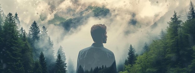 Double exposure of man and forest of cloudy mountains