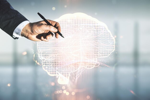 Double exposure of man hand with pen working with creative artificial Intelligence interface on blurred office background Neural networks and machine learning concept