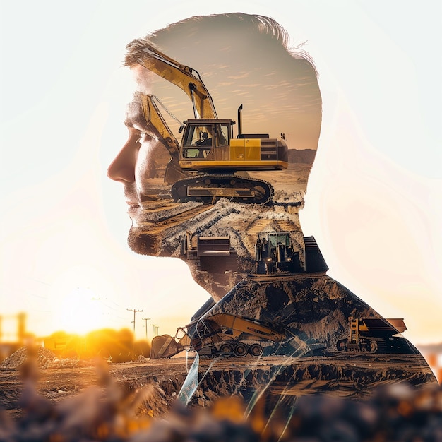 double exposure of man and heavy machinery construction excavator