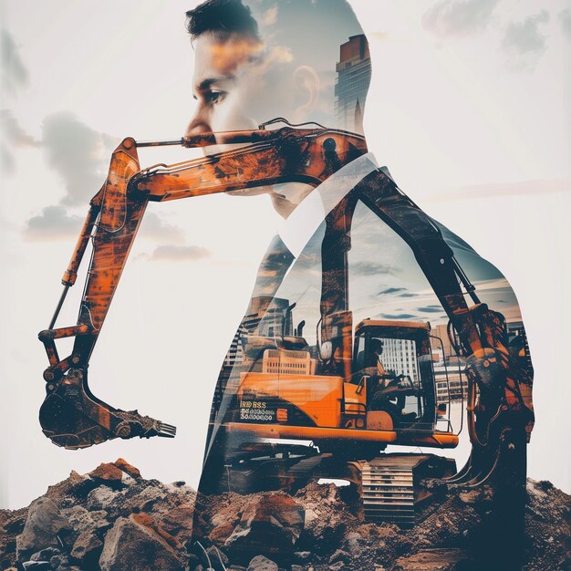 double exposure of a man in a suit and a heavy construction machinery