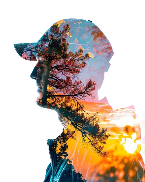 Double exposure of a man wearing a hat combined with a scenic outdoor sunset and tree landscape