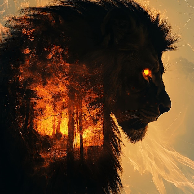 Double Exposure Masterpiece Glowing Lion Silhouette in Ethereal Light