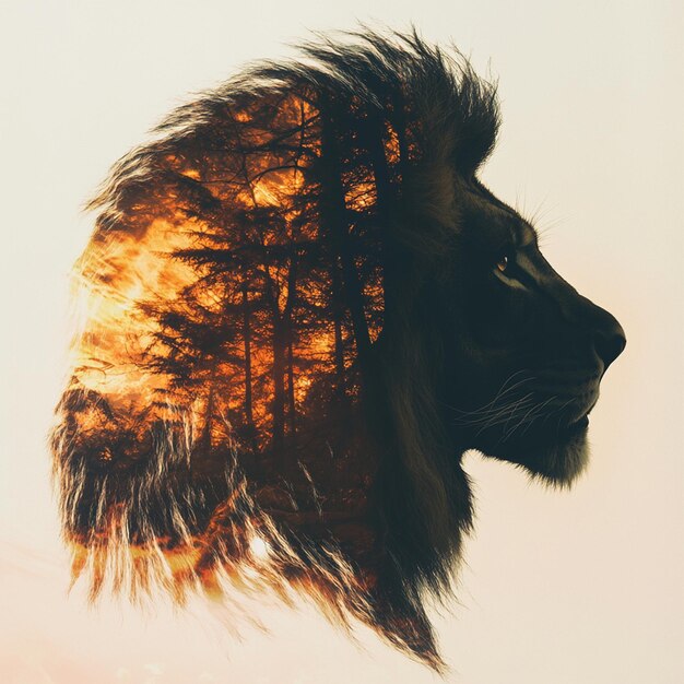 Double Exposure Masterpiece Glowing Lion Silhouette in Ethereal Light