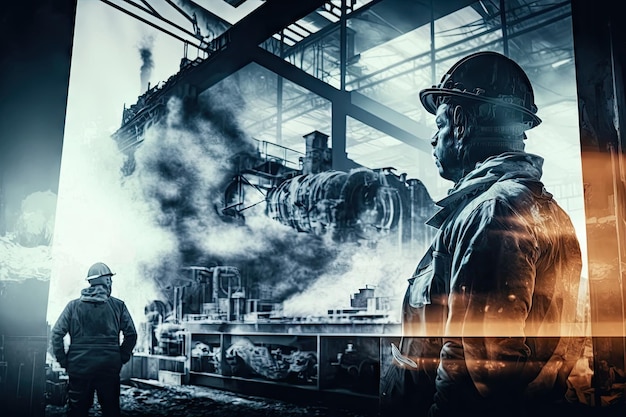 Double exposure of metallurgical industry facility with workers and equipment in motion created with generative ai