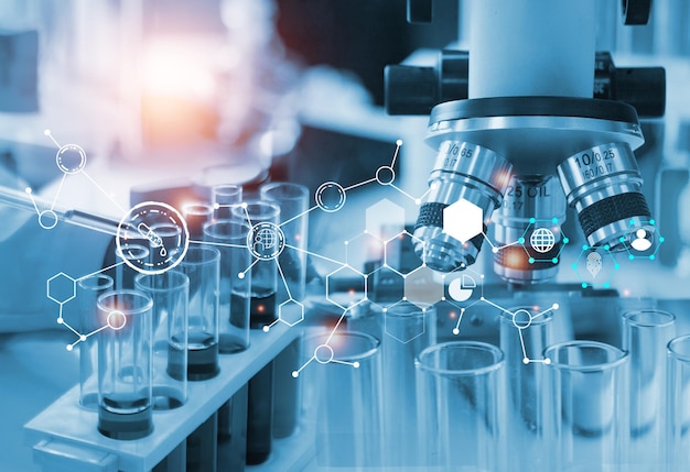 Double exposure microscope and Young woman scientific using equipment in the laboratory for research.Biotechnology,development,chemical,vaccine,COVID-19. Photo concept experimentation and research.