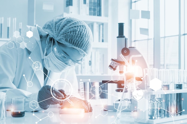 Double exposure microscope Young woman scientific using equipment in the laboratory for research