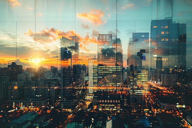 Double exposure of modern industrial construction with city skyline at sunset