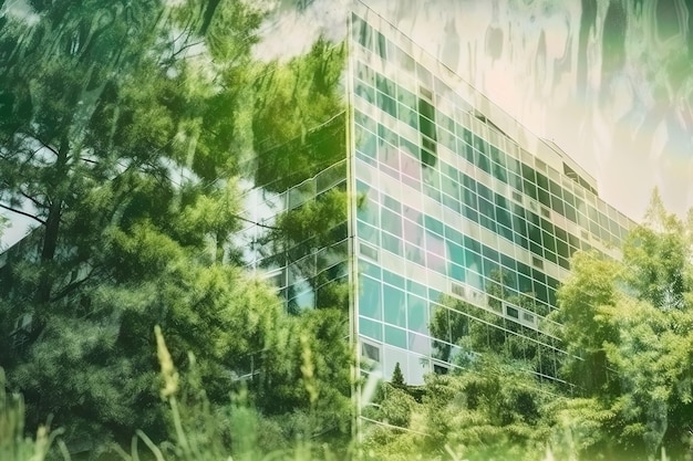 Double exposure of modern office building in green tones