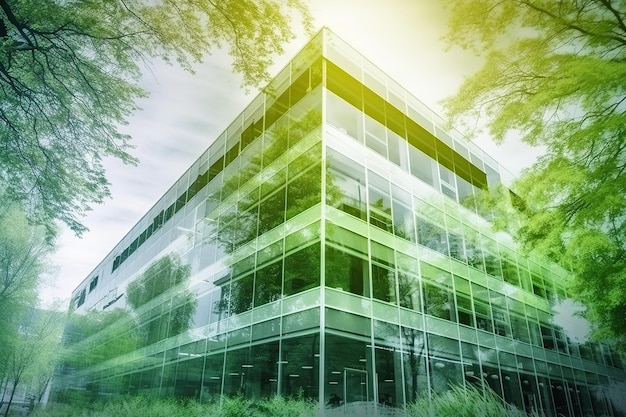 Double exposure of modern office building in green tones