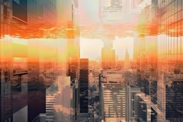 Double exposure of a modern office building in sunset shades