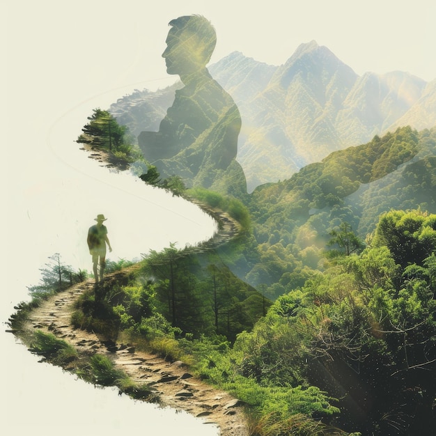 Double Exposure Mountain Path with Man Silhouette