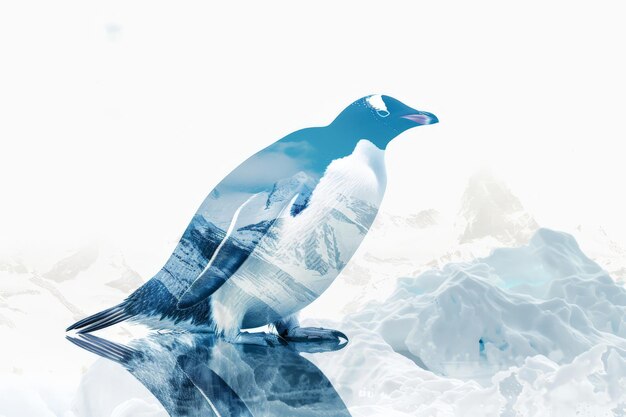 Photo double exposure of a penguin in the snowy mountains