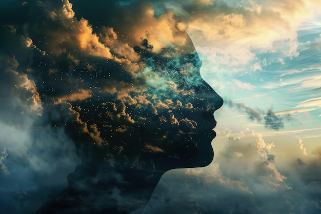 A double exposure of a persons head with clouds in the background