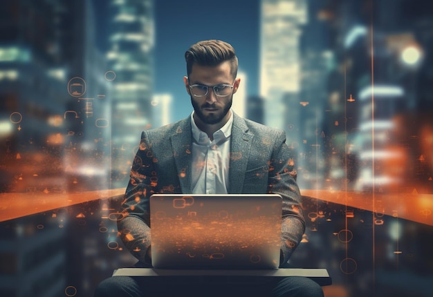 double exposure photo of a business man using laptop on his desk front view office background