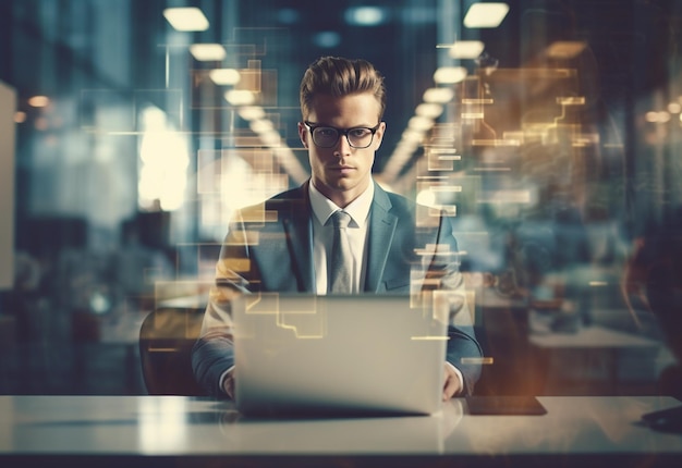 double exposure photo of a business man using laptop on his desk front view office background