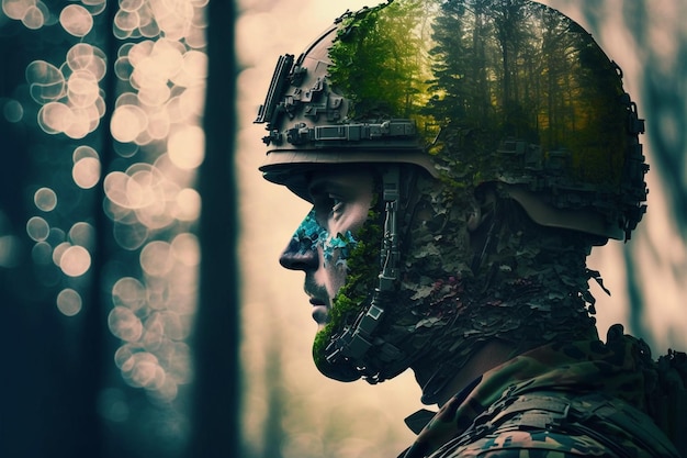 double exposure photograph of a soldier in full gear