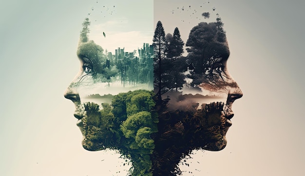 Double exposure photography captures the interconnectivity of all living things and the impact of clean air and a healthy environment on our daily lives Generated by AI