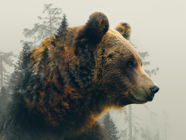 Double exposure portrait of brown bear and green forest Concept of wildlife conservation