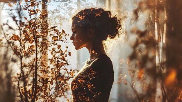 A double exposure portrait combining a persons silhouette and a forest scene