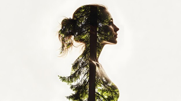 Photo a double exposure portrait combining a persons silhouette and a forest scene