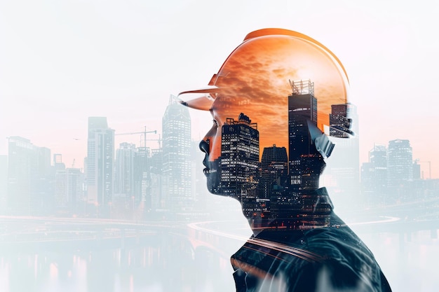 Double Exposure Portrait of a Construction Manager Overlooking the City Skyline at Dawn