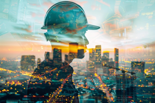 Double Exposure Portrait of a Construction Manager Overlooking the City Skyline at Dawn