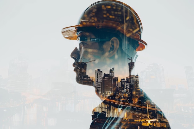 Double Exposure Portrait of a Construction Manager Overlooking the City Skyline at Dawn