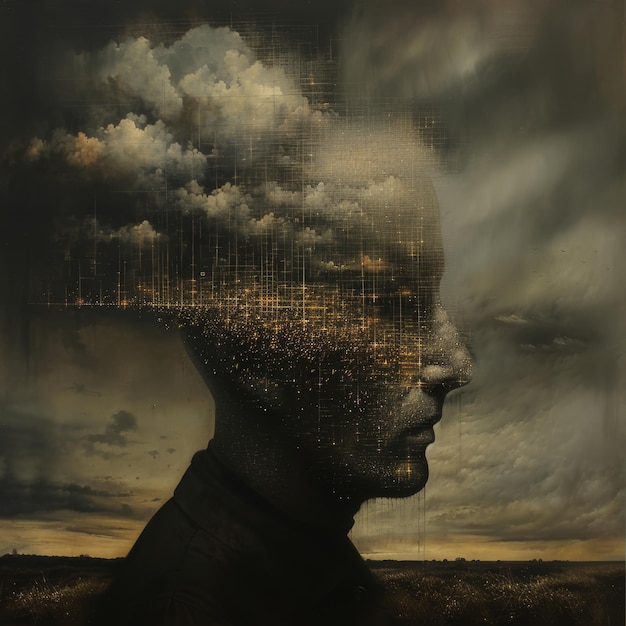 Double exposure portrait of a man combined with a photograph of storm clouds