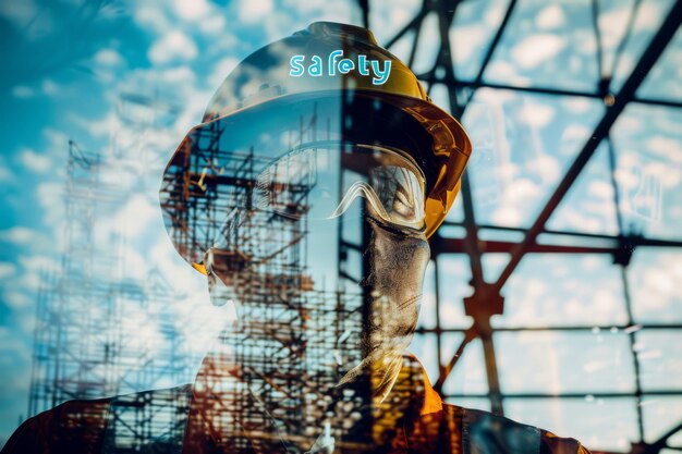 Double Exposure Portrait of a Safety Officer at a Construction Site During Daytime