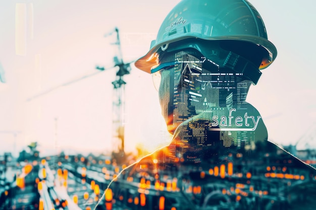 Double Exposure Portrait of a Safety Officer at a Construction Site During Daytime