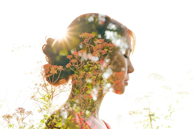 Photo double exposure portrait of woman blending with vibrant floral elements