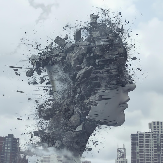 Double exposure portrait of a woman combined with a digital image of an explosion