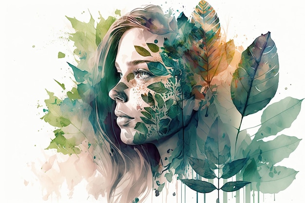 Double exposure portrait woman with a plants and leaves Colorful creative illustration Generative AI