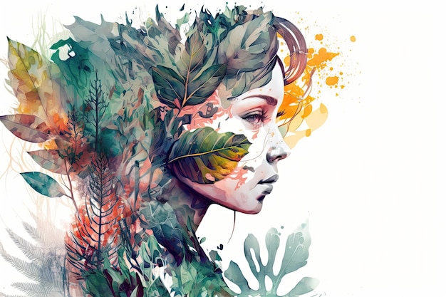 Double exposure portrait woman with a plants and leaves Colorful creative illustration Generative AI