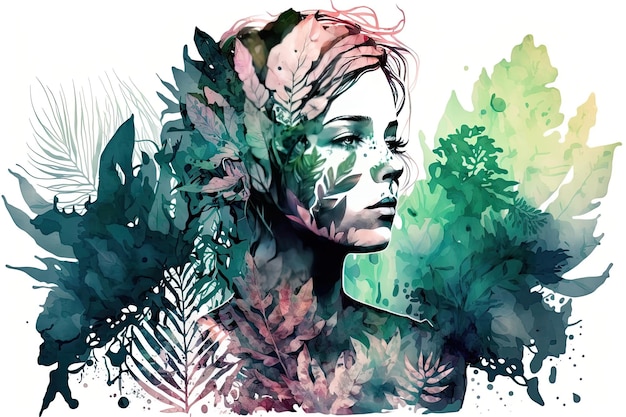 Double exposure portrait woman with a plants and leaves Colorful creative illustration Generative AI