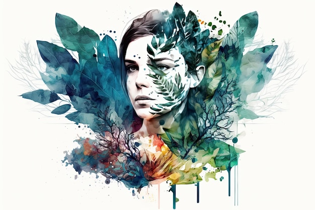 Double exposure portrait woman with a plants and leaves Colorful creative illustration Generative AI