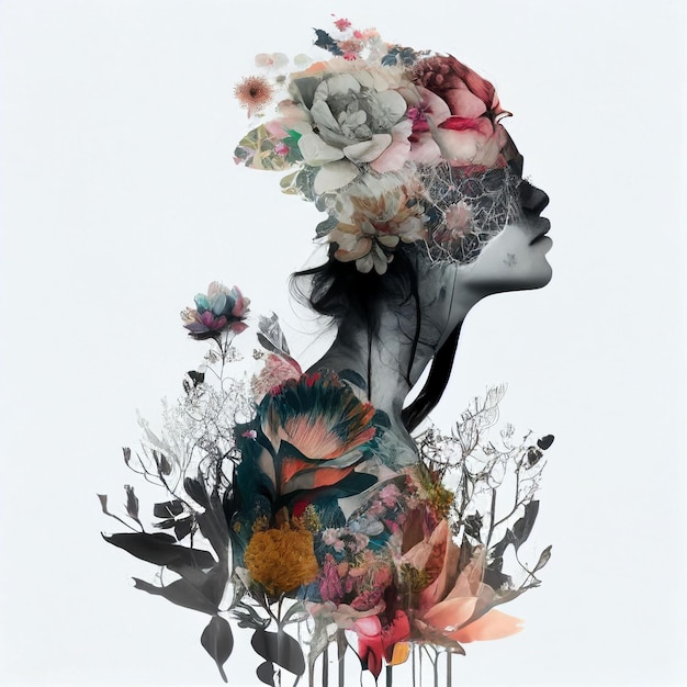 Double exposure profile portrait of attractive woman Flowers Digital art Illustration AI