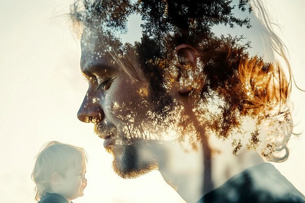 Photo double exposure of profile portrait of a sad man and a happy child playing