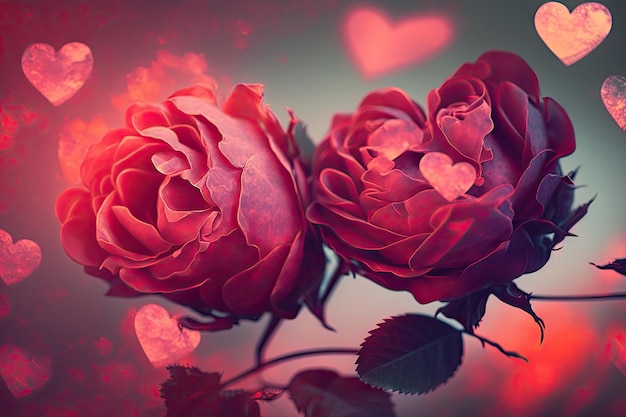 Double exposure of red roses on blurred background with romantic pink hearts created with generative