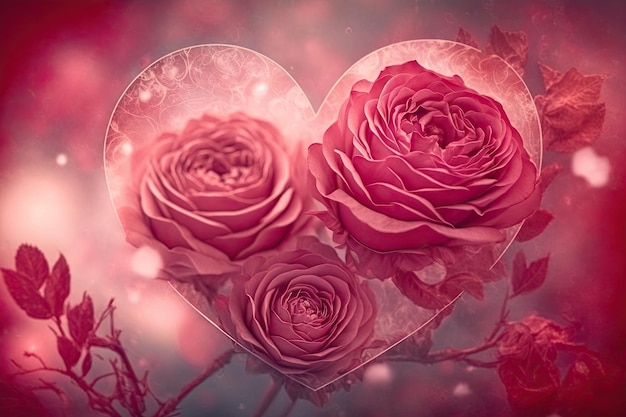 Double exposure of red roses on blurred background with romantic pink hearts created with generative