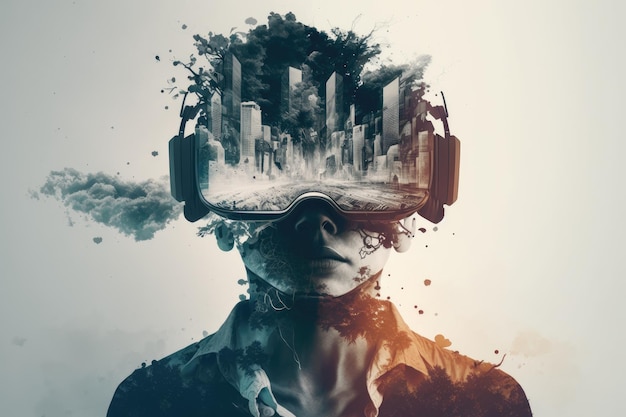 Double exposure render with human face and vr headset created with generative ai