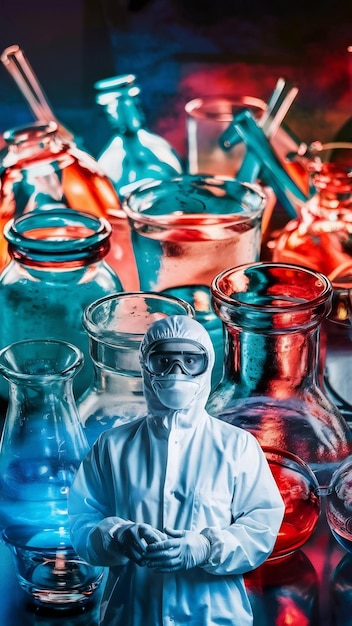 Photo double exposure of scientist and laboratory glassware