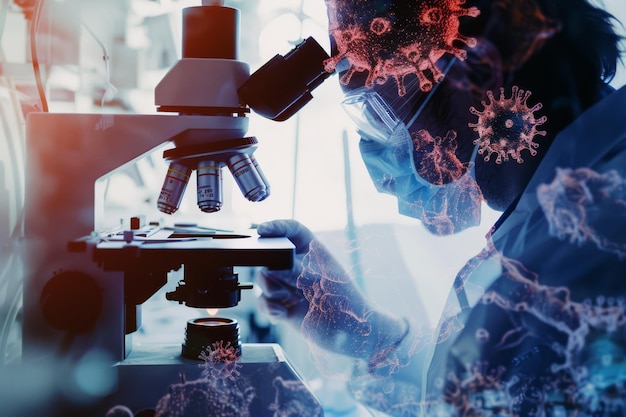 Double Exposure of a Scientist Studying Samples Through a Microscope in a Laboratory